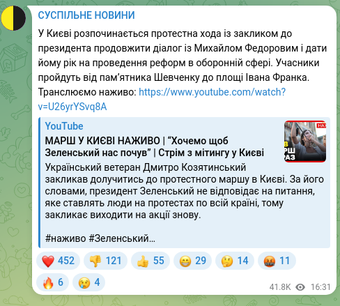 Screenshot of a Telegram post: Fedorov Mykhailo Albertovych — У Києві розпочинається протестна хода із закликом до президент…
