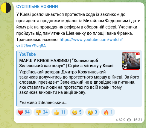 Screenshot of a Telegram post: Fedorov Mykhailo Albertovych — У Києві розпочинається протестна хода із закликом до президент…