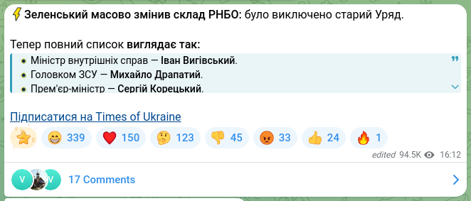 Скріншот Telegram-публікації: Корецький Сергій Федорович — ⚡️Зеленський масово змінив склад РНБО: було виключено старий Уря…