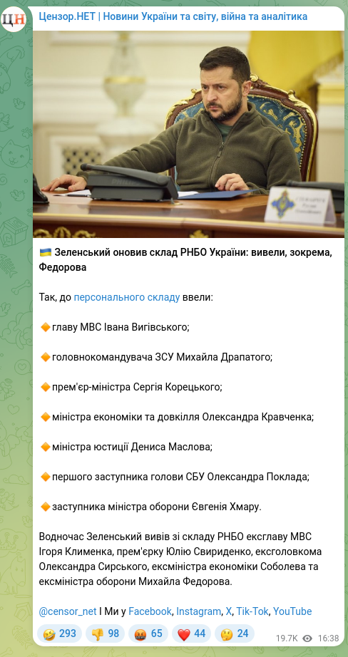 Screenshot of a Telegram post: Fedorov Mykhailo Albertovych — 🇺🇦 Зеленський оновив склад РНБО України: вивели, зокрема, Федо…