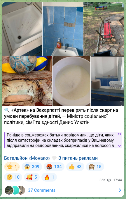 Screenshot of a Telegram post: Ulyutin Denys Valeriyovych — 🔍«Артек» на Закарпатті перевірять після скарг на умови перебува…