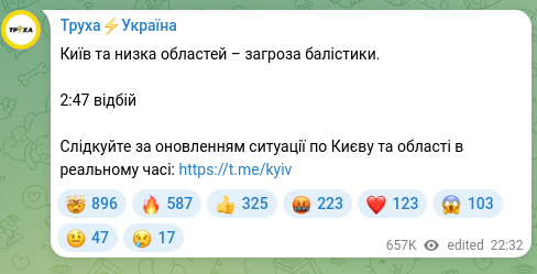 Скріншот Telegram-публікації: Київ та низка областей – загроза балістики. 2:47 відбій Слідкуйте за оновленням…