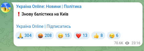 Скріншот Telegram-публікації: ❗️Знову балістика на Київ Україна Online | Підписатись