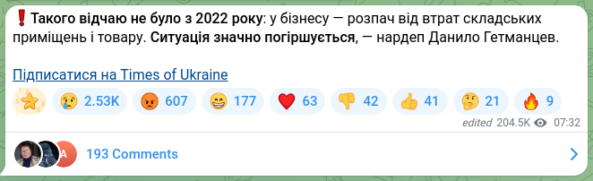 Screenshot of a Telegram post: Hetmantsev Danylo Oleksandrovych — ❗️Такого відчаю не було з 2022 року: у бізнесу — розпач в…
