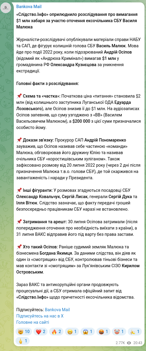 Screenshot of a Telegram post: Vitiuk Illia Anatoliyovych — «Sleuth.Inform» has published an investigation into extortion of…