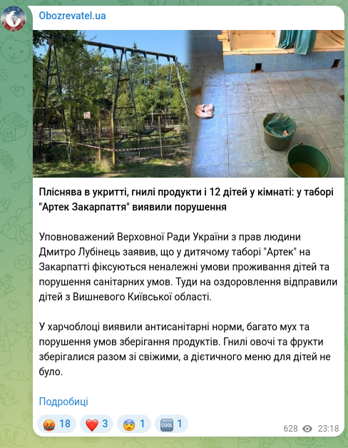 Screenshot of a Telegram post: Lubinets Dmytro Valeriyovych — Mold in the shelter, rotten products and 12 children in the ro…