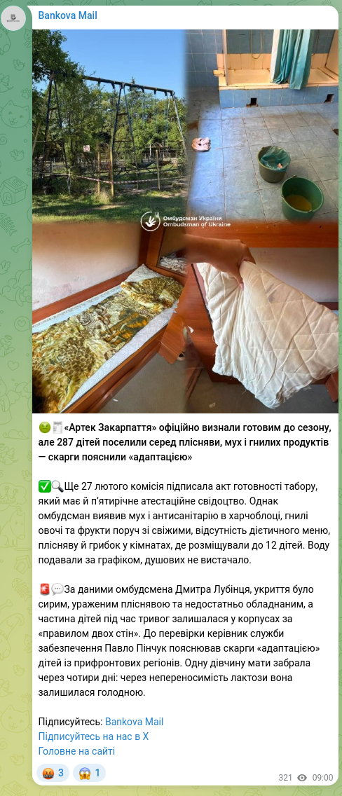 Screenshot of a Telegram post: Lubinets Dmytro Valeriyovych — 🤢🧾“Artek Zakarpattia” officially recognized ready for the se…