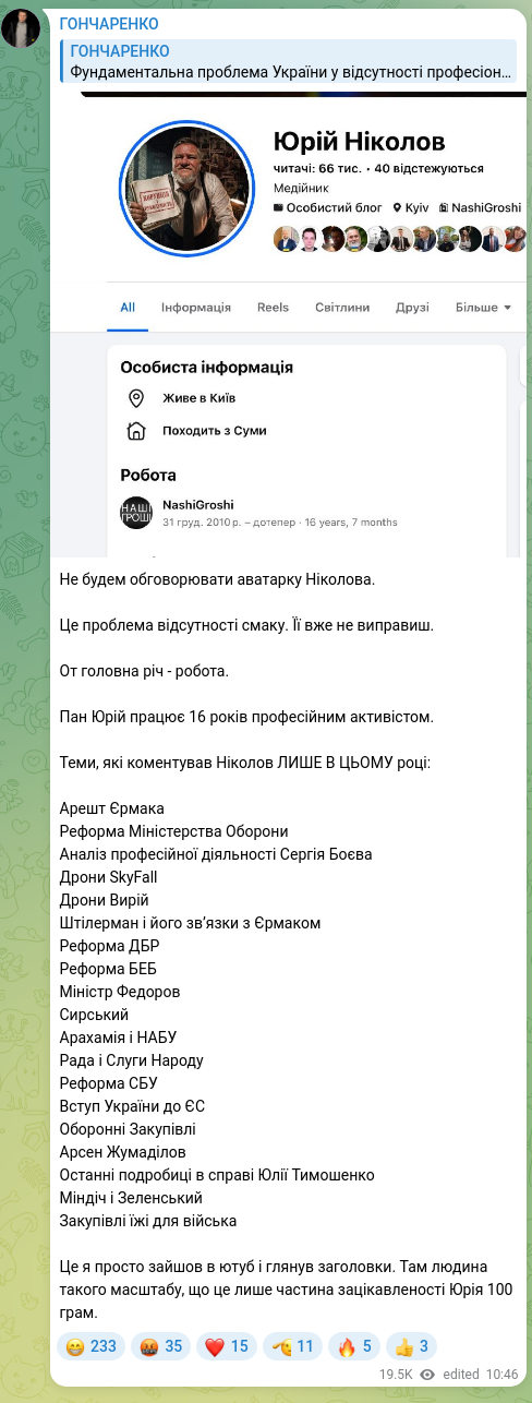 Screenshot of a Telegram post: Zhumadilov Arsen Kuatovich — Не будем обговорювати аватарку Ніколова. Це проблема відсутності…