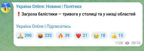 Скріншот Telegram-публікації: ❗️Загроза балістики — тривога у столиці та у низці областей Україна Online | П…