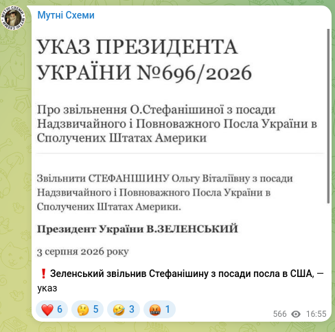 Screenshot of a Telegram post: ❗️Zelensky dismissed Stefanishyna from the post of Ambassador to the USA, — de…