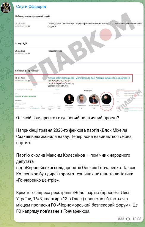 Screenshot of a Telegram post: Honcharenko Oleksii Oleksiiovych — Is Oleksii Honcharenko preparing a new political project?…