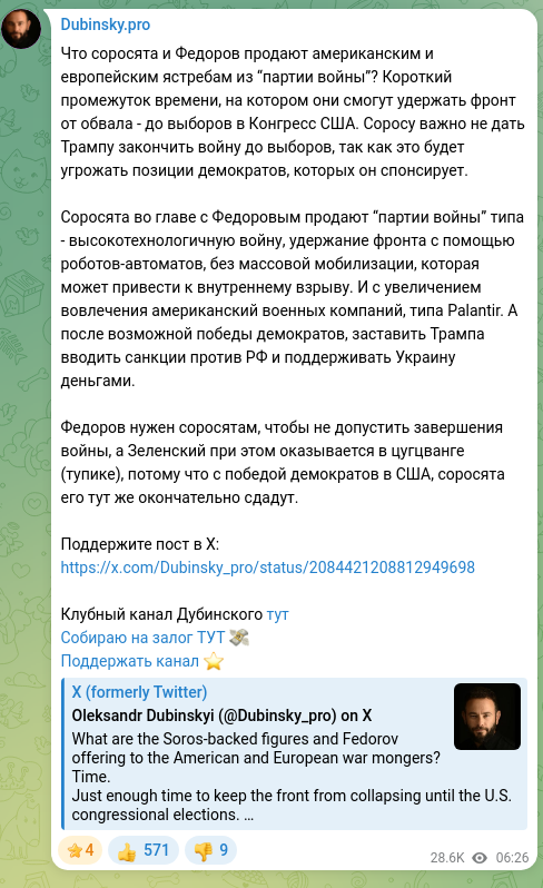 Скріншот Telegram-публікації: Что соросята и Федоров продают американским и европейским ястребам из “партии в…