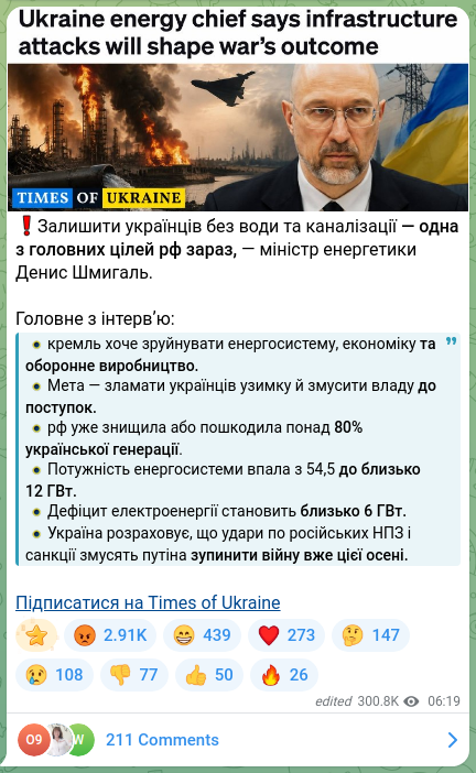 Скріншот Telegram-публікації: Шмигаль Денис Анатолійович — ❗️Залишити українців без води та каналізації — одна з головних ц…