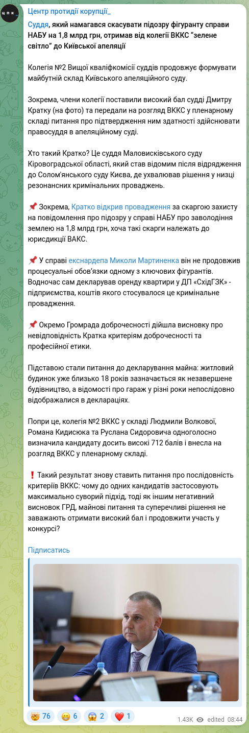 Screenshot of a Telegram post: Kydysiuk Roman Anatoliyovych — The judge who tried to annul the suspicion against a defendant…