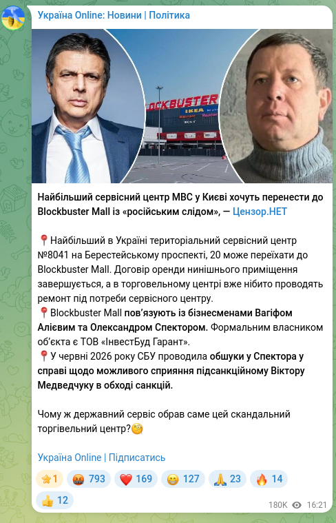 Screenshot of a Telegram post: Spektor Oleksandr Yosypovych — The largest service center of the Ministry of Internal Affairs…