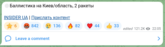 Screenshot of a Telegram post: 🔴Ballistics toward Kyiv/region, 2 rockets INSIDER UA | Send content
