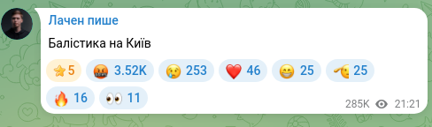Скріншот Telegram-публікації: Балістика на Київ