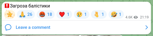 Screenshot of a Telegram post: ❗️Threat of ballistic missiles