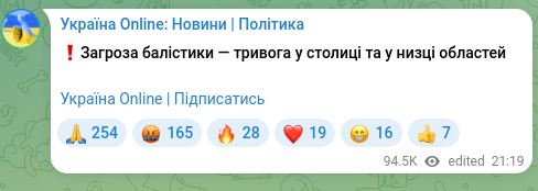Скріншот Telegram-публікації: ❗️Загроза балістики — тривога у столиці та у низці областей Україна Online | П…