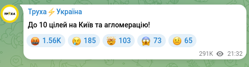 Скріншот Telegram-публікації: До 10 цілей на Київ та агломерацію!