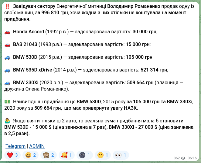 Скріншот Telegram-публікації: ‼️ Завідувач сектору Енергетичної митниці Володимир Романенко продав одну із св…