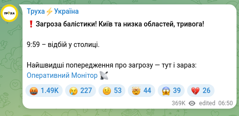 Скріншот Telegram-публікації: ❗️Загроза балістики! Київ та низка областей, тривога! 9:59 – відбій у столиці.…