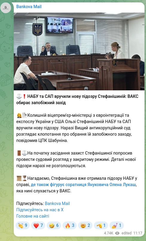 Скріншот Telegram-публікації: Лукаш Олена Леонідівна — ⚖️❗️НАБУ та САП вручили нову підозру Стефанішиній: ВАКС обирає запоб…