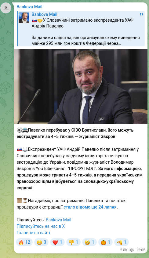 Скріншот Telegram-публікації: Павелко Андрій Васильович — ⚽️🚔Павелко перебуває у СІЗО Братислави, його можуть екстрадувати…