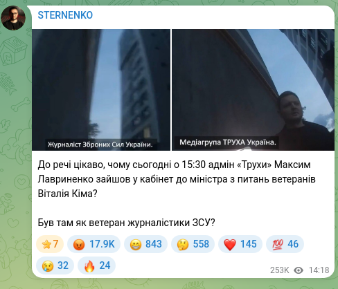 Скріншот Telegram-публікації: Лавриненко Максим Андрійович — До речі цікаво, чому сьогодні о 15:30 адмін «Трухи» Максим Лавр…