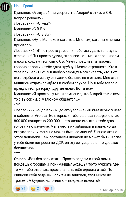 Скріншот Telegram-публікації: Кузнєцов: «А слушай, ты уверен, что Андрей с этим, с В.В. вопрос решает?» Лозов…