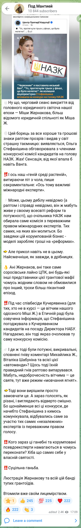 Screenshot of a Telegram post: Stefanishyna Olha Vitaliivna — 🥁Well then, another exposé session from the chief legal lumin…