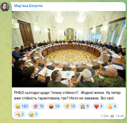 Screenshot of a Telegram post: The National Security and Defense Council today on the “resilience plan.” Not a…