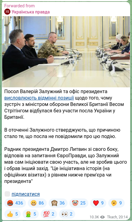 Screenshot of a Telegram post: Zaluzhnyi Valeriy Fedorovych — Ambassador Valeriy Zaluzhny and the Office of the President ex…