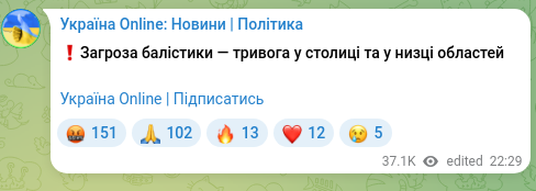 Скріншот Telegram-публікації: ❗️Загроза балістики — тривога у столиці та у низці областей Україна Online | П…