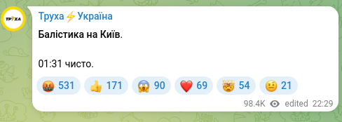 Скріншот Telegram-публікації: Балістика на Київ. 01:31 чисто.