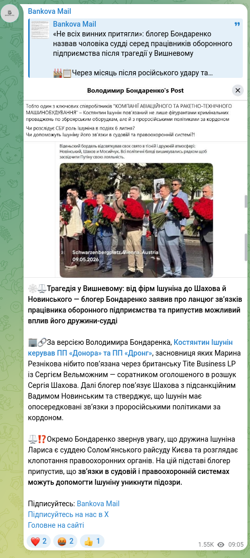 Screenshot of a Telegram post: Novinsky Vadim Vladislavovich — 🕸⚖️Tragedy in Vyshneve: from Ishunin’s companies to Shakhov a…