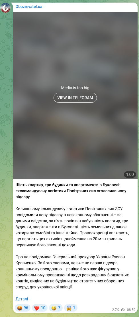 Screenshot of a Telegram post: Kravchenko Ruslan Andriyovych — Six apartments, three houses, and a condo in Bukovel: former…