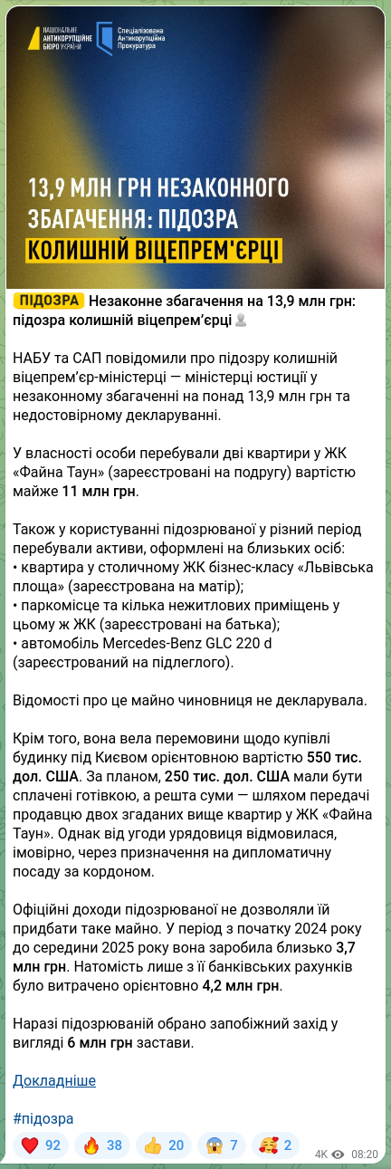 Скріншот Telegram-публікації: 👤👤👤👤 Незаконне збагачення на 13,9 млн грн: підозра колишній віцепрем’єрці👤…