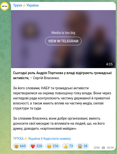 Screenshot of a Telegram post: Portnov Andriy Volodymyrovych — Today Andriy Portnov's role in power is being played by civic…