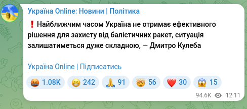 Screenshot of a Telegram post: Kuleba Dmytro Ivanovych — ❗️Ukraine will not receive an effective solution for protection ag…