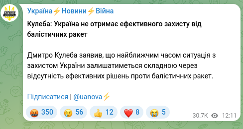 Screenshot of a Telegram post: Kuleba Dmytro Ivanovych — Kuleba: Ukraine will not receive effective protection from ballisti…