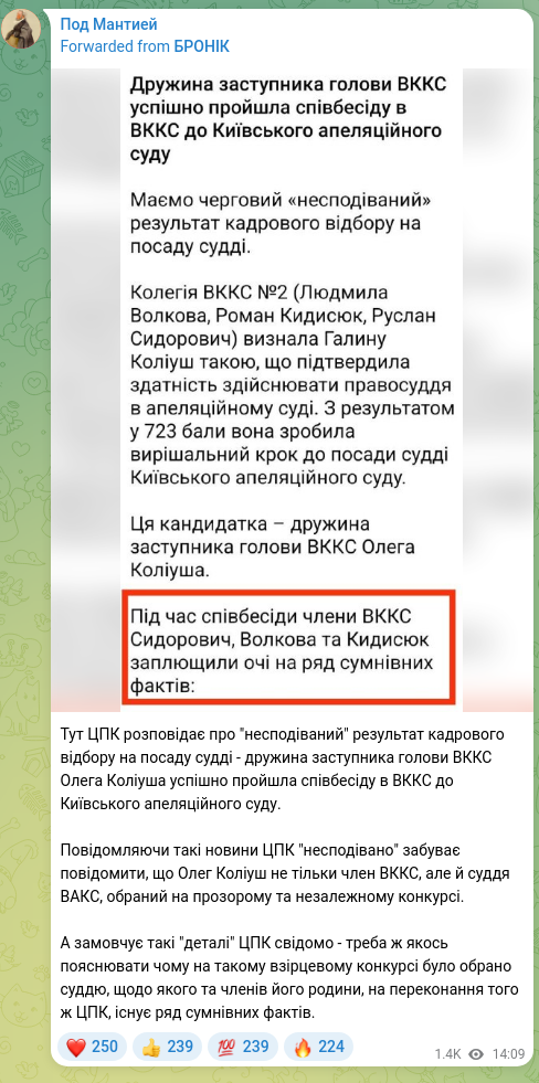 Screenshot of a Telegram post: Here the Anti-Corruption Action Center (CAC) reports on the "unexpected" outcom…