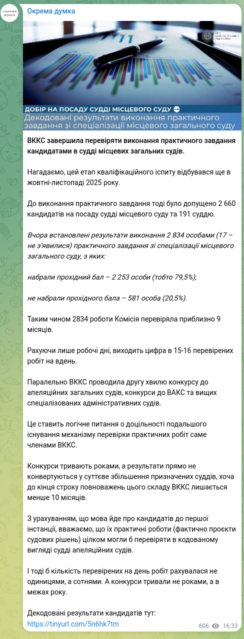 Screenshot of a Telegram post: The High Qualification Commission of Judges (HQCJ) has finished reviewing the c…
