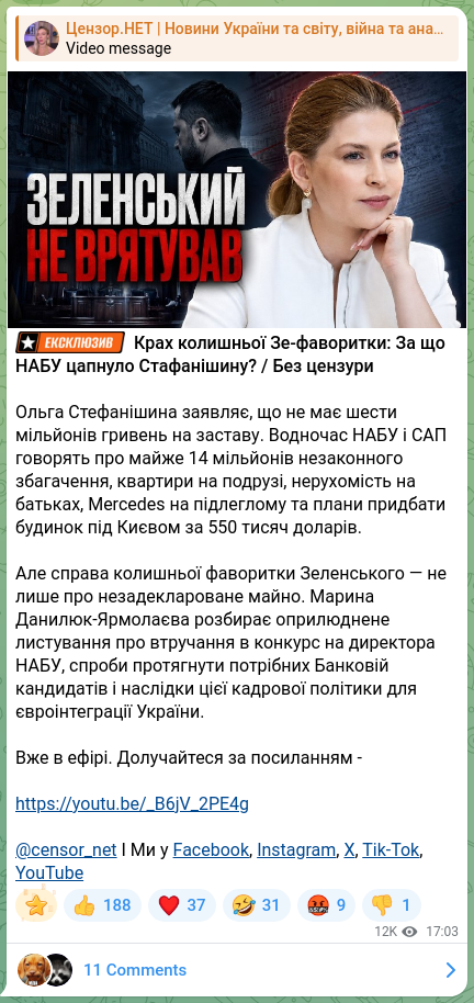 Screenshot of a Telegram post: Stefanishyna Olha Vitaliivna — 🔣ℹ️🔤🔡🔠 The fall of Zelensky’s former favorite: Why did NAB…