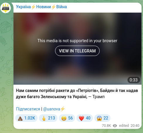 Скріншот Telegram-публікації: Нам самим потрібні ракети до «Петріотів», Байден й так надав дуже багато Зеленс…