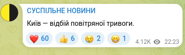 Скріншот Telegram-публікації: Київ — відбій повітряної тривоги.