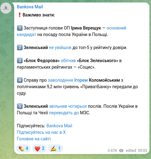Скріншот Telegram-публікації: Коломойський Ігор Валерійович — ❗️Важливо знати: 1️⃣ Заступниця голови ОП Ірина Верещук — осн…