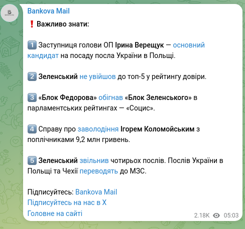 Скріншот Telegram-публікації: Коломойський Ігор Валерійович — ❗️Важливо знати: 1️⃣ Заступниця голови ОП Ірина Верещук — осн…
