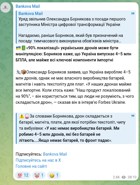 Screenshot of a Telegram post: Bornyakov Oleksandr Serhiiovych — 🇺🇦🔋"90% localization" of Ukrainian drones may be manipulat…