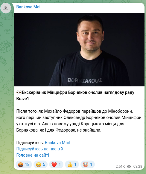 Screenshot of a Telegram post: Bornyakov Oleksandr Serhiiovych — 👀Former head of the Ministry of Digital Transformation Bor…